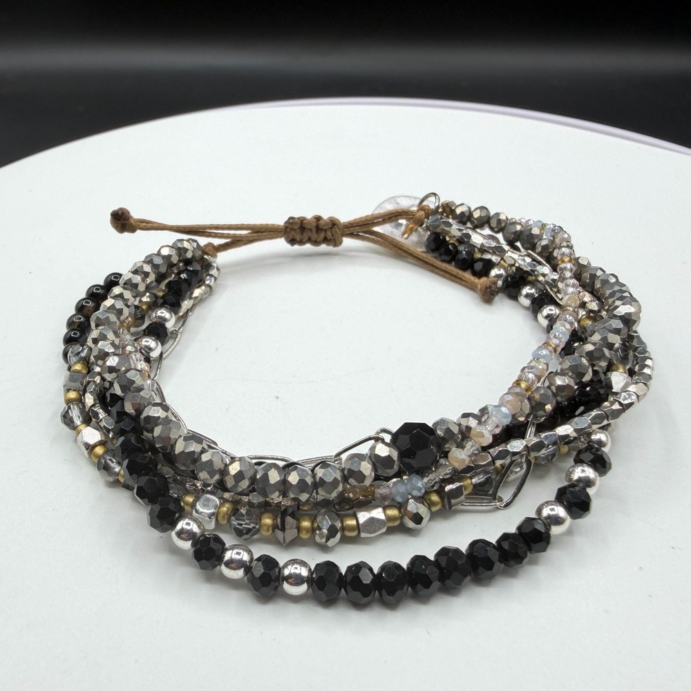 Black Silver Tone Multi Strand Beaded Cross Charm Adjustable Statement Bracelet